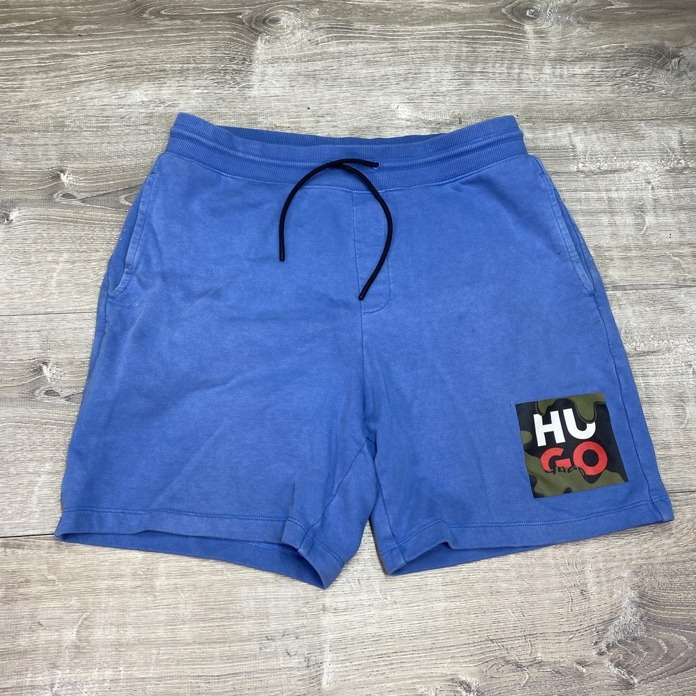 Hugo Boss Shorts Mens M Blue Sweat Elastic Waist Drawstring Logo Pockets Lounge